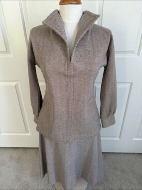 Vintage Taupe Herringbone Long-Sleeve Top with Stand Up Collar & Matching Skirt